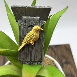Pewter Birdhouse with Gold Bird  1999 Hallmark, M. Bastin  Bird Collectors Pin